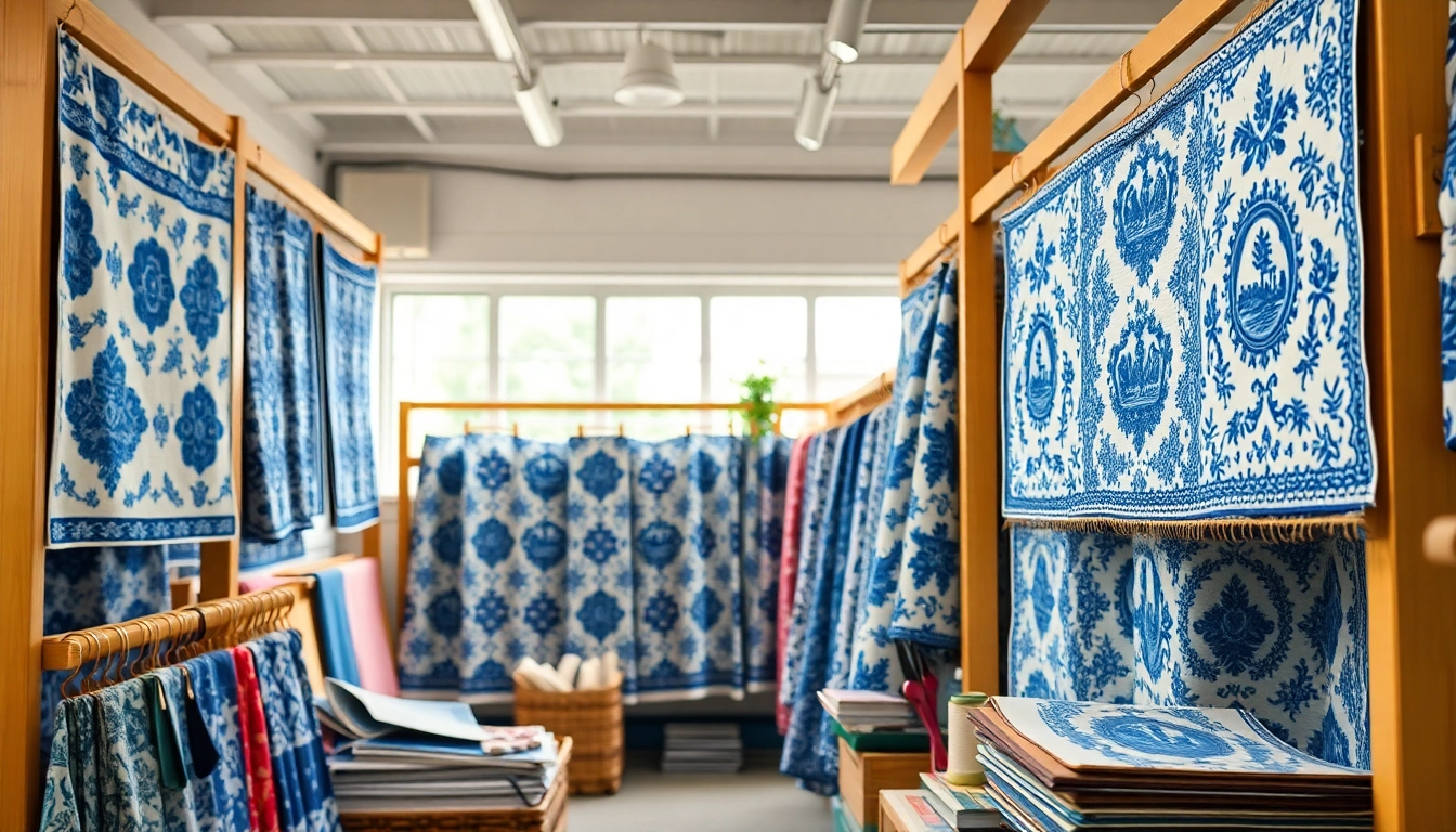 Bekijk de delfts blauwe stof in verschillende prints en texturen in deze stoffenwinkel.