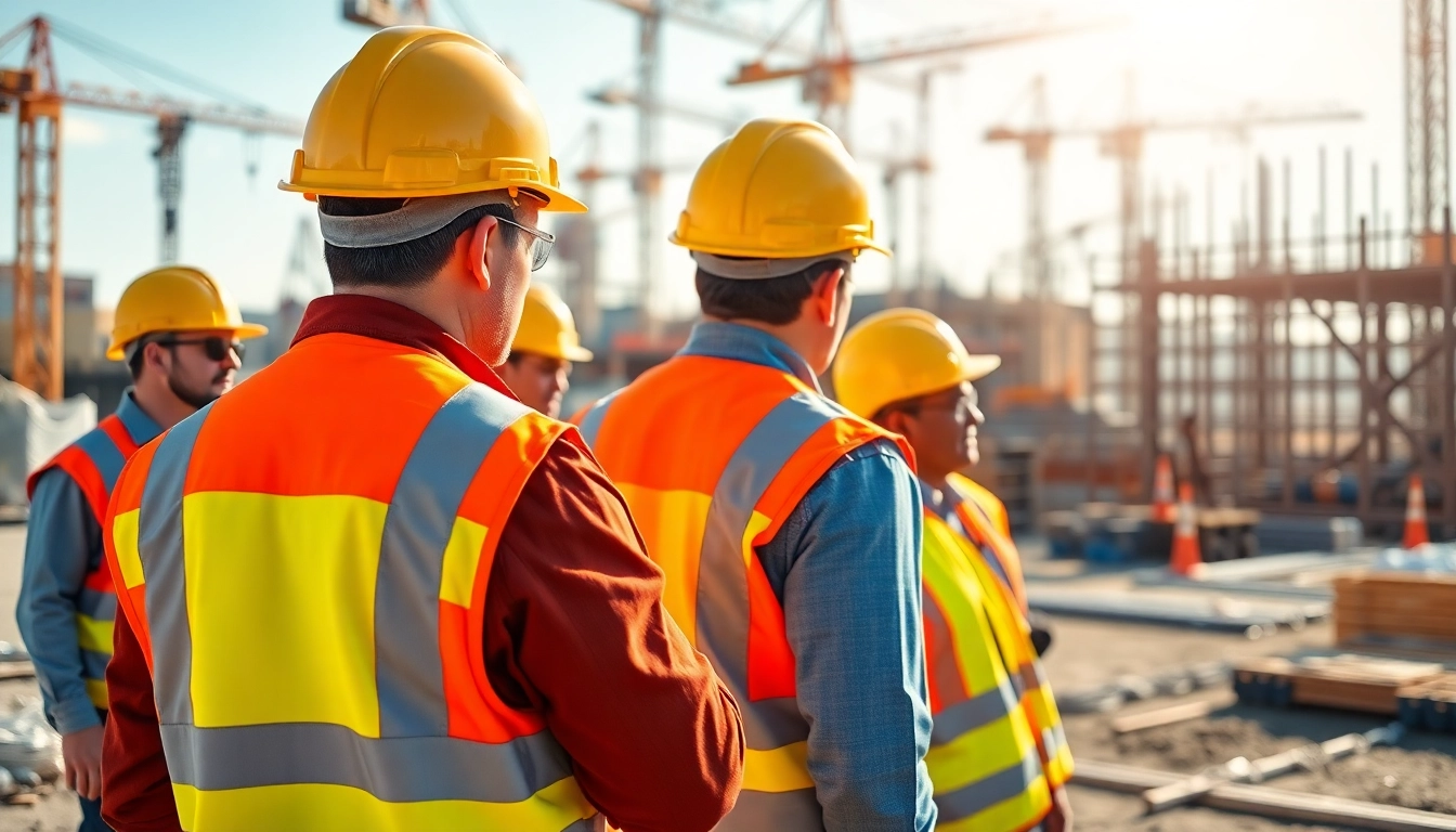 Workers implementing construction safety programs at a busy job site.