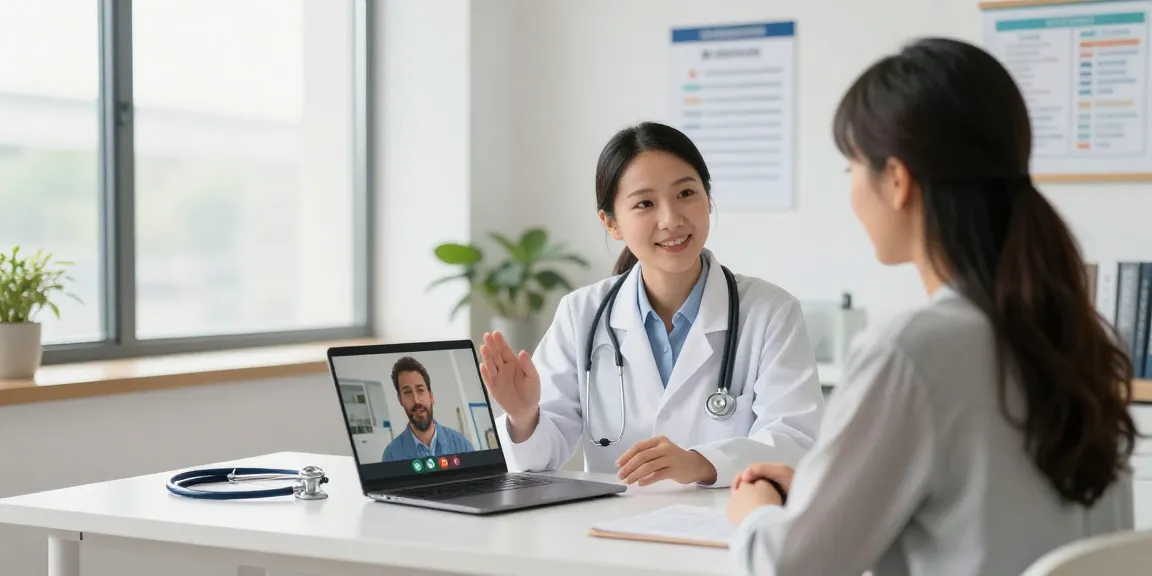 Illustration of telehealth insurance plans showing a healthcare provider on a video call, enhancing patient care in a modern clinic.