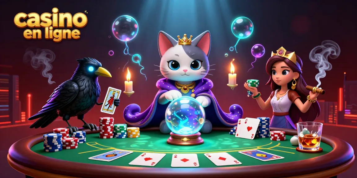 Les joueurs au casino en ligne s'émerveillent devant un chat mystique et un corbeau, entourés de jetons de poker et de cartes.