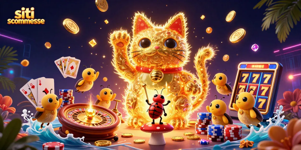 I migliori siti scommesse si animano in un’illustrativa danza di fuochi fatui, tra simboli di gioco e monete dorate.