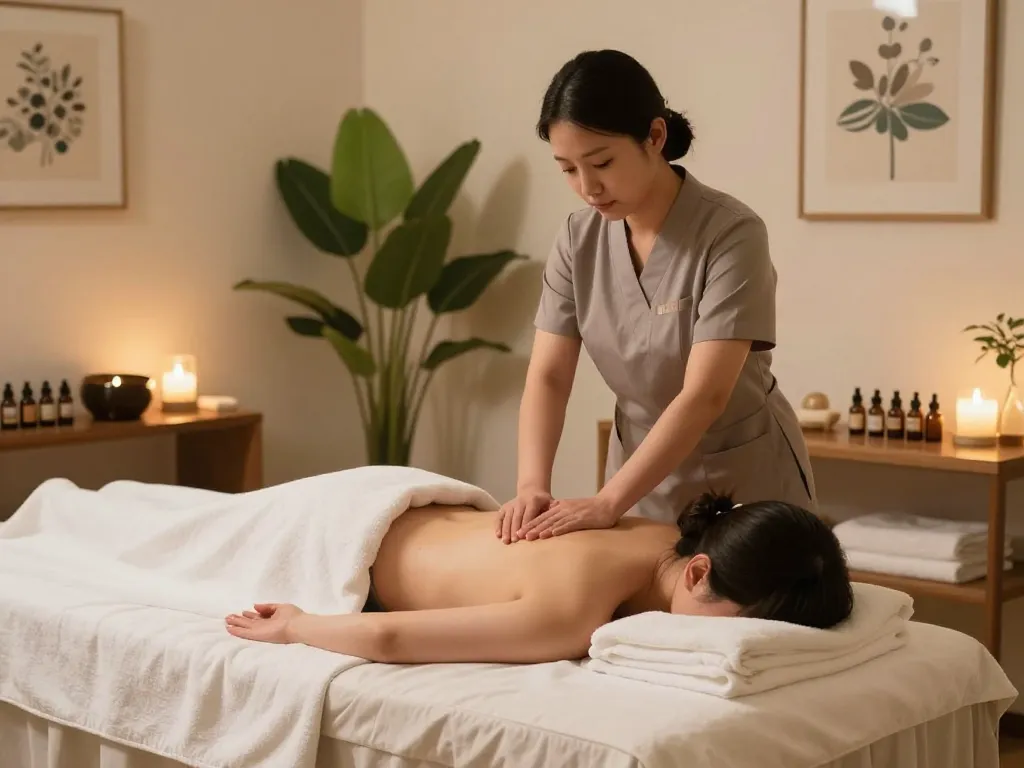 Experience a peaceful 신사동마사지 session in a serene spa with relaxing lighting and essential oils.