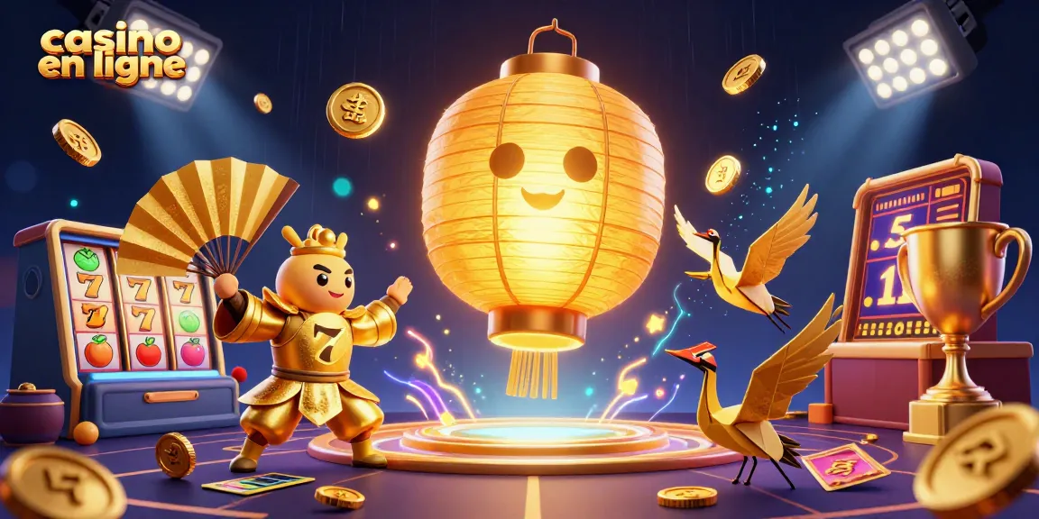Jouer au casino en ligne avec des lanternes, héros guerriers et symboles chanceux entourés d'éléments dynamiques.