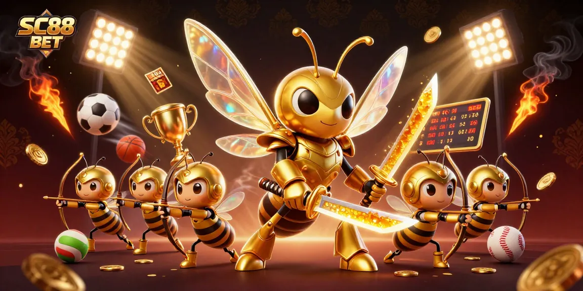 Engage in thrilling games at SC88 BET with a dynamic cartoon scene of a samurai hornet leading a sports betting adventure.