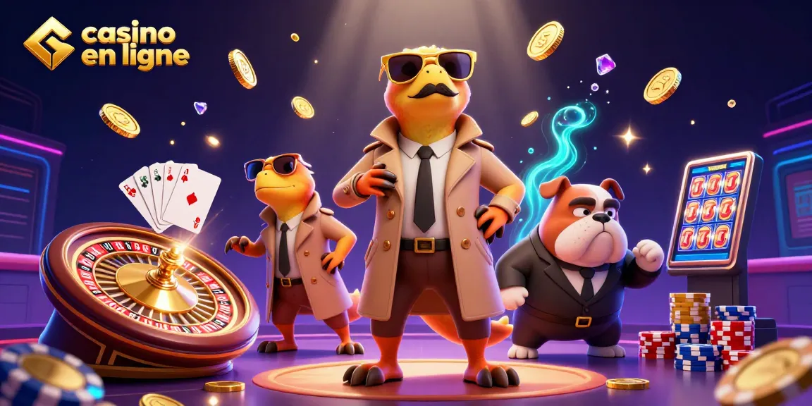 Les raptors en trench coat et le bouledogue surveillent l'entrée d'un casino en ligne animé.
