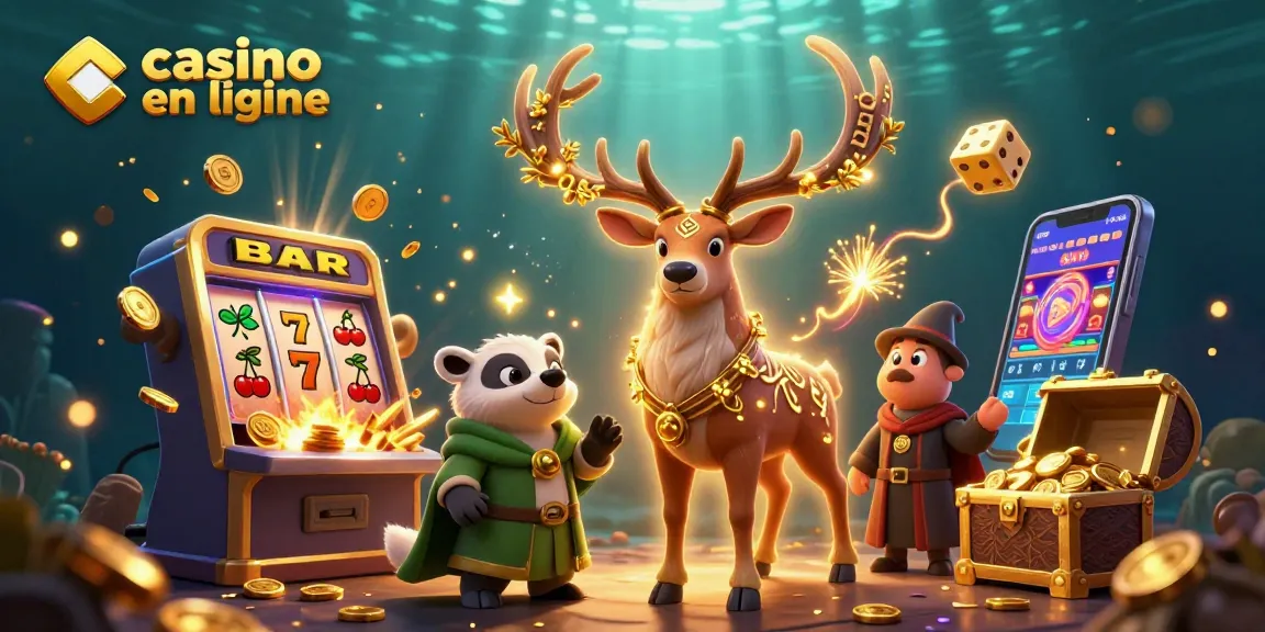 Jouez à casino en ligne avec une illustration animée de personnages fantastiques et de machines à sous.