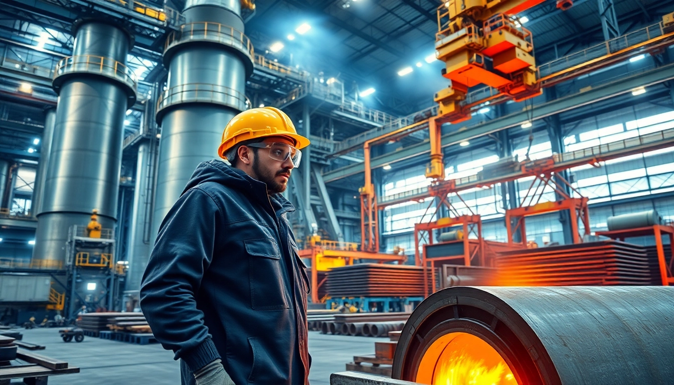 Inspecting molten steel at a modern steel mill showcasing advanced industrial technology.