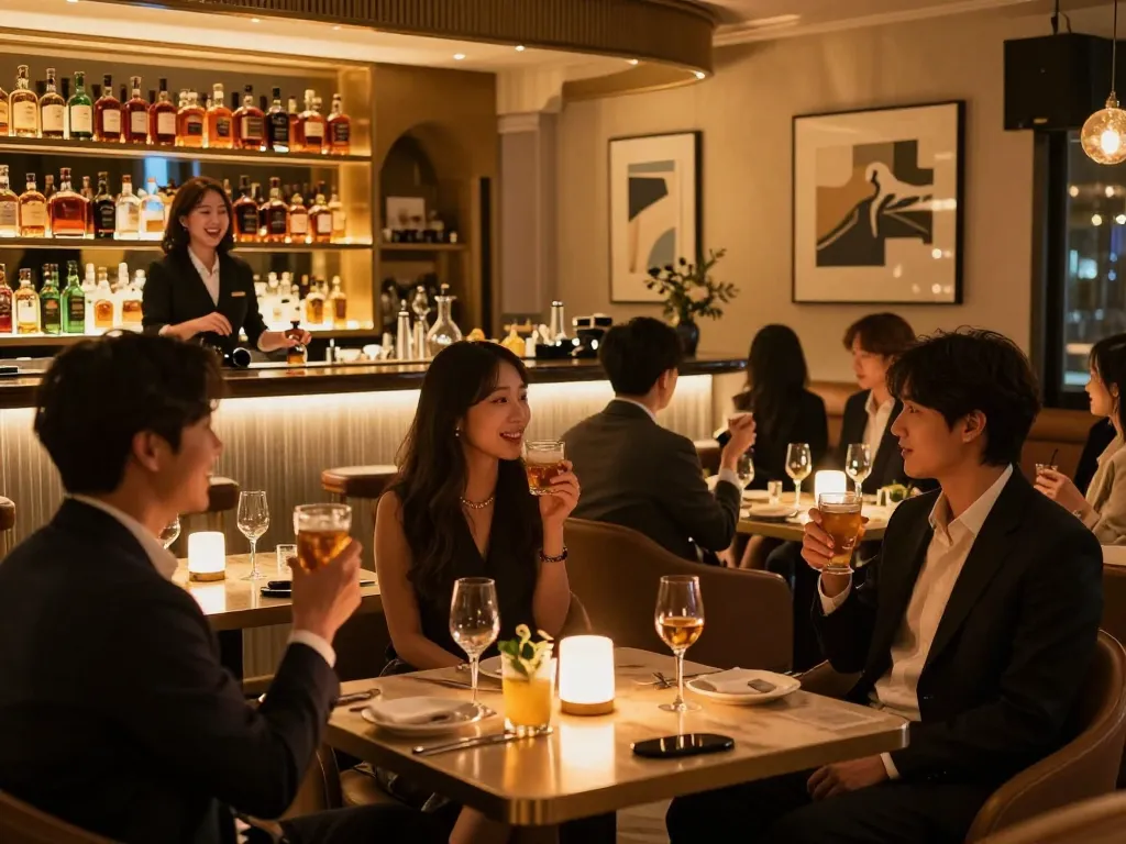 Experience luxury at 강남쩜오 lounge with sophisticated drinks and ambiance.