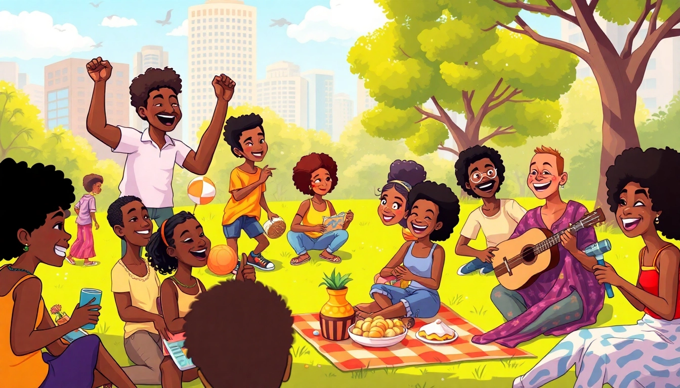 A lively scene showcasing African American Cartoons with diverse characters enjoying a sunny day in the park.