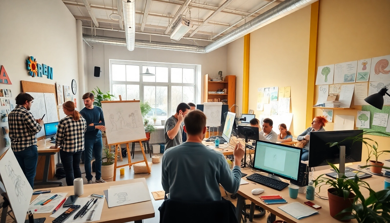 Animation Studio Berlin mit kreativen Künstlern bei der Zusammenarbeit an einem bunten Projekt.
