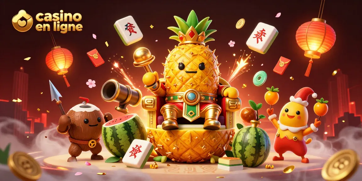 Visuel de casino en ligne captivant avec le roi ananas et des éléments festifs.