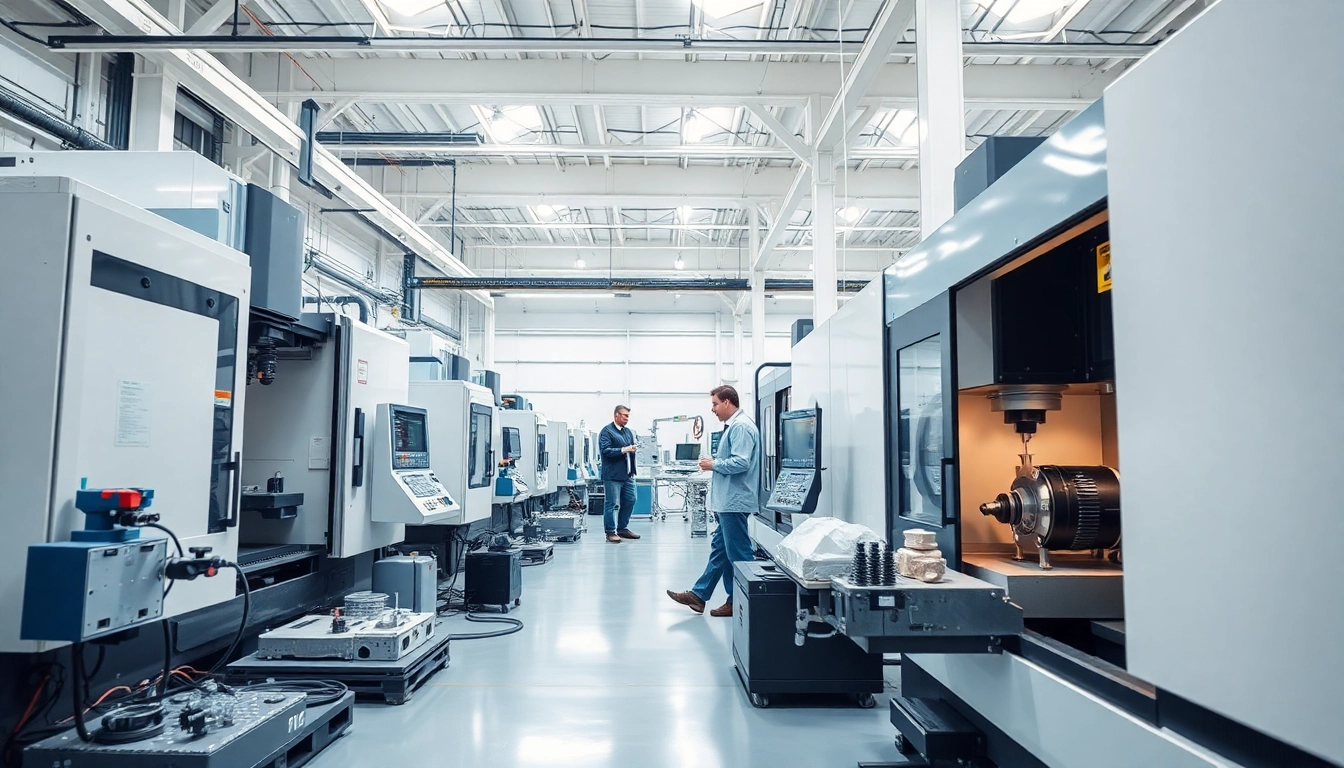 Custom part manufacturer workshop with CNC machines highlighting precision manufacturing process.