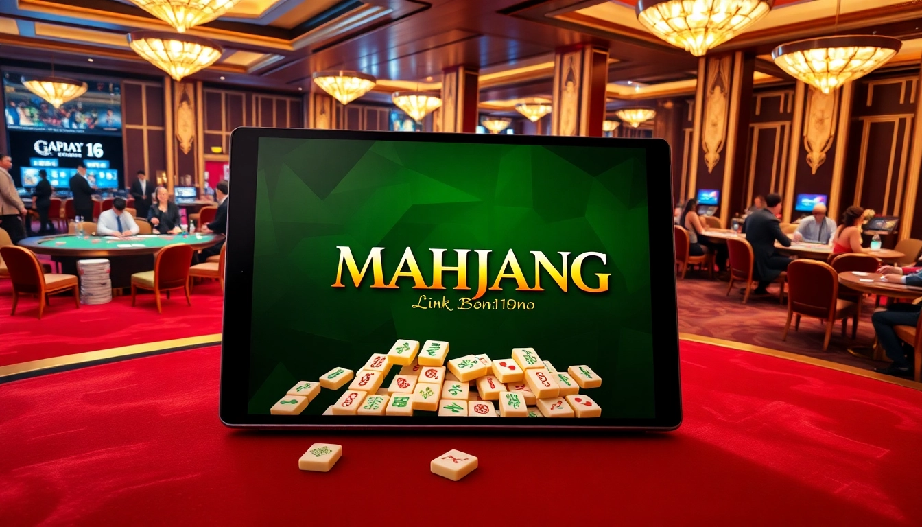 Berinteraksi dengan Link Mahjong dalam suasana kasino mewah, menampilkan elemen perjudian yang hidup.