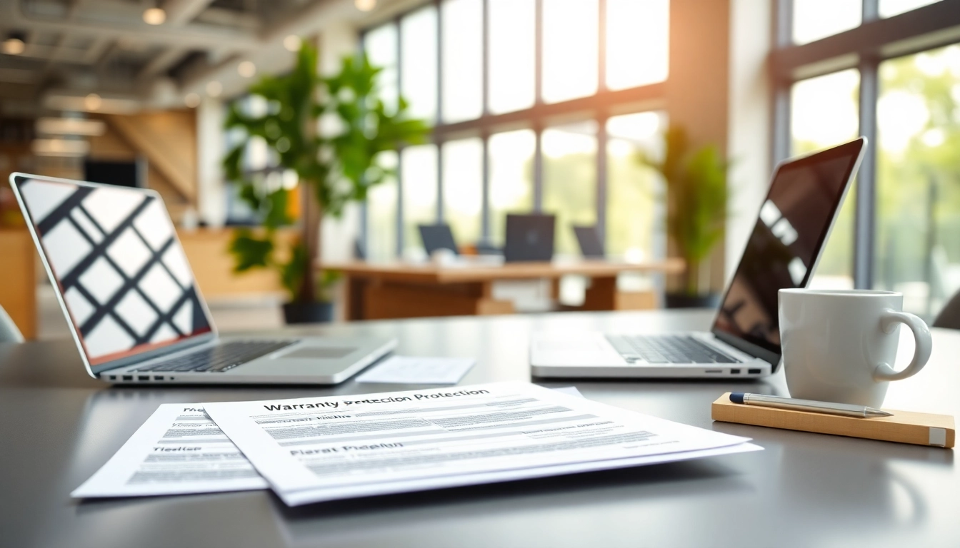 Showcasing warranty protection plans with a professional office setup, enhancing customer trust.