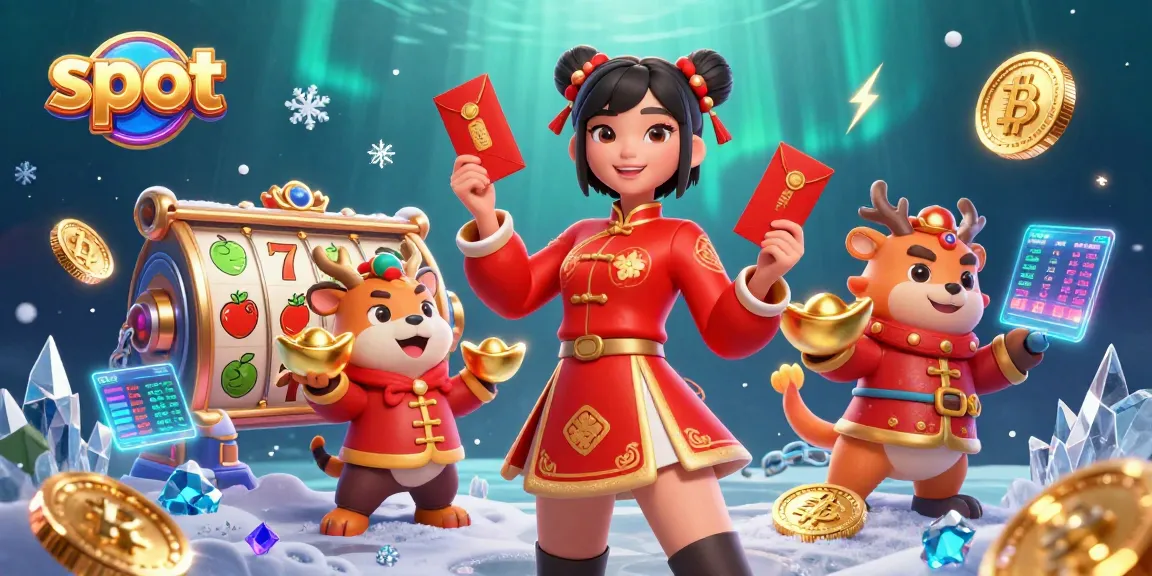 Spin the slot reels with festive symbols in a dynamic casino scene featuring an Asian woman.