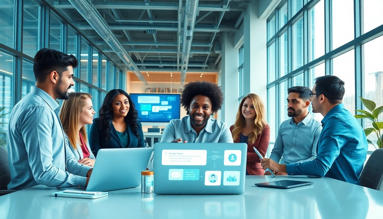 Showcasing team collaboration using enterprise assistant software in a bright office.