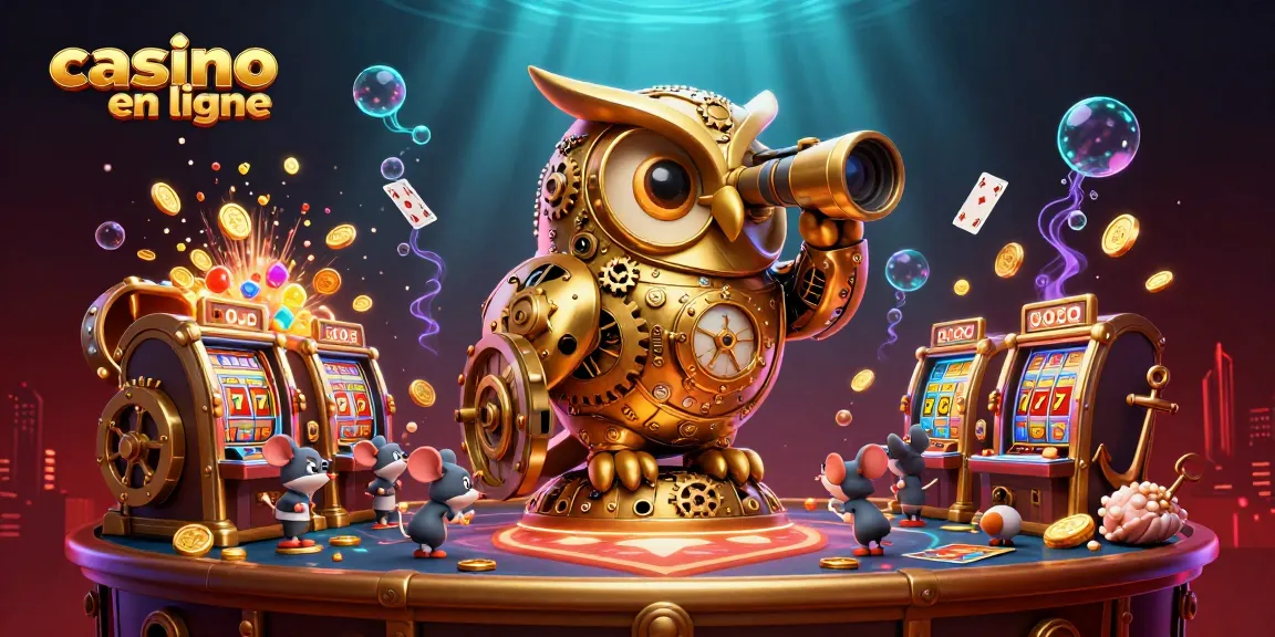 Profitez d'une scène de casino en ligne vivante avec un hibou d'or, des machines à sous et des trésors sous-marins.
