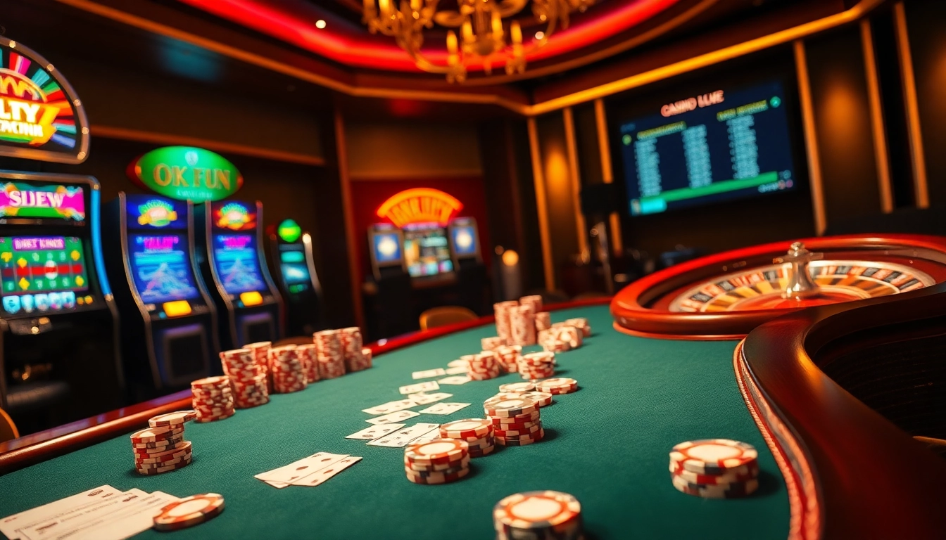 Betting excitement at a luxurious casino scene featuring poker chips and odds from https://okfun.page