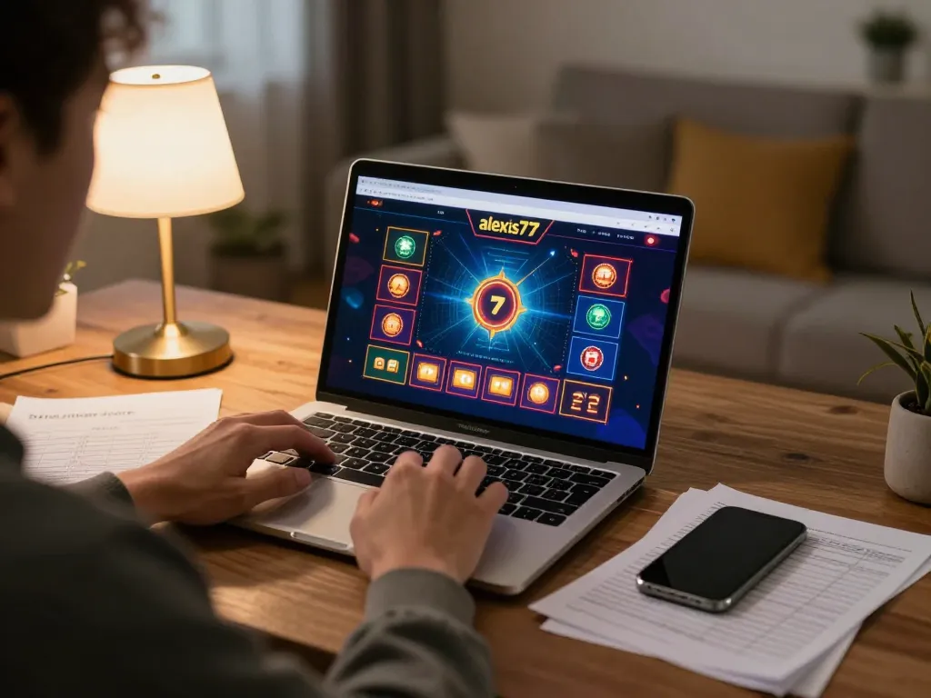 Engaging online gaming moment on alexis77 platform showcasing vibrant gameplay, laptop with betting interface.