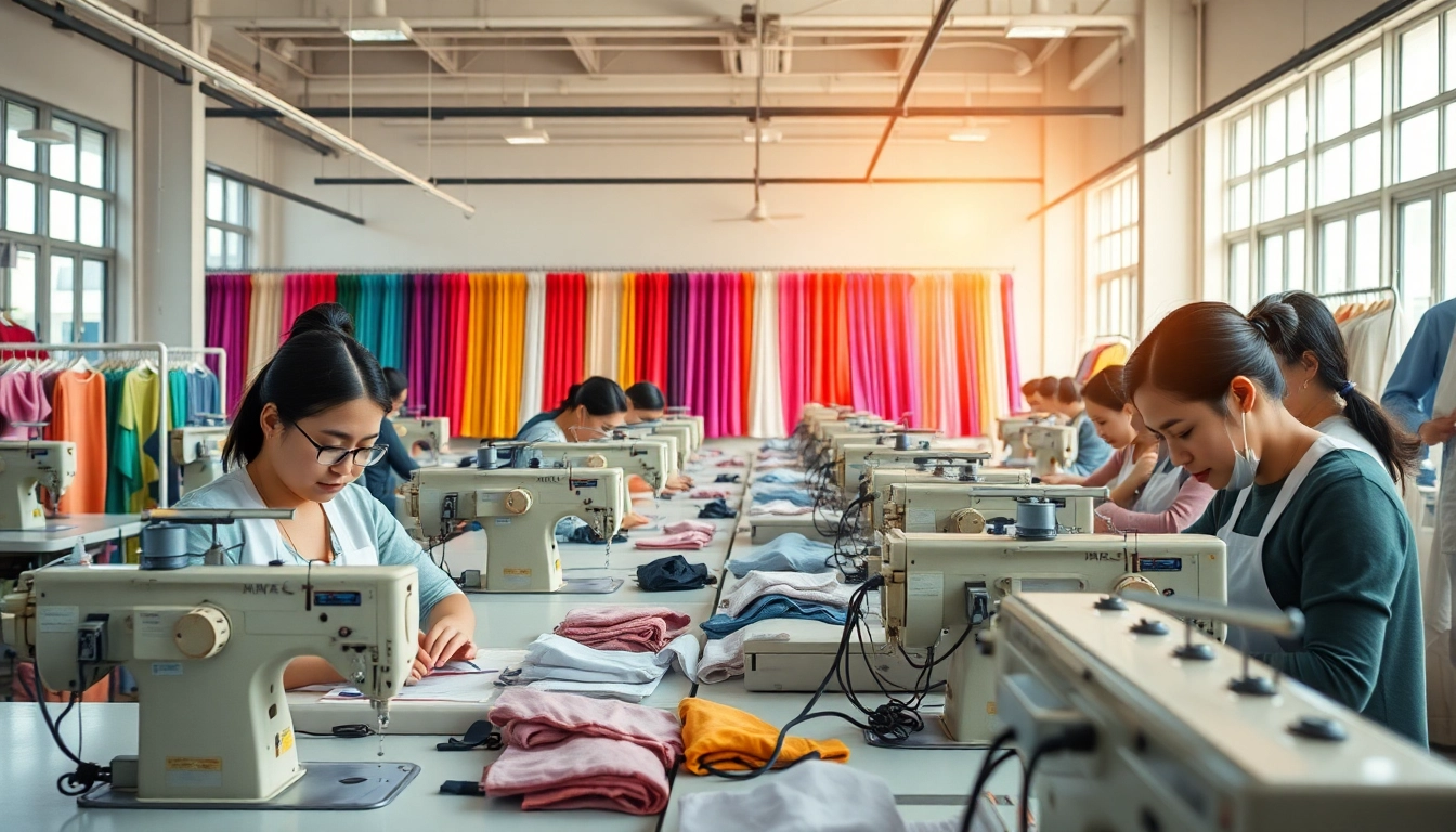 A bustling Clothes Factory China showcasing skilled workers and colorful fabrics.