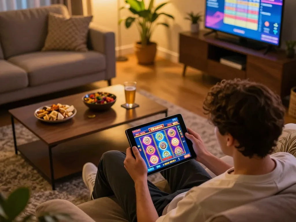 Engaging player enjoying online slots on 98win platform in a cozy setting with warm lighting.