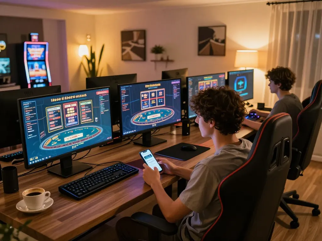 DABET online gaming setup showcasing gameplay on multiple screens in a cozy environment.