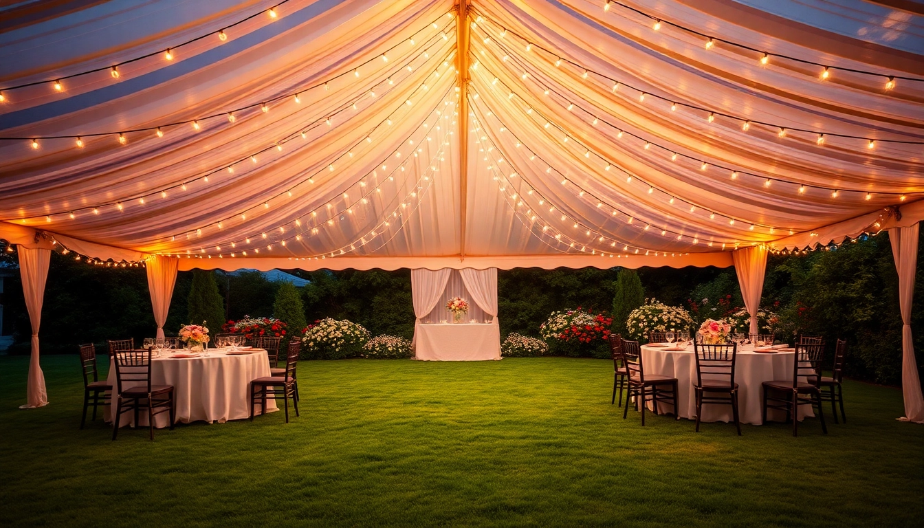 Tent Rentals set beautifully for an outdoor wedding with floral decorations.