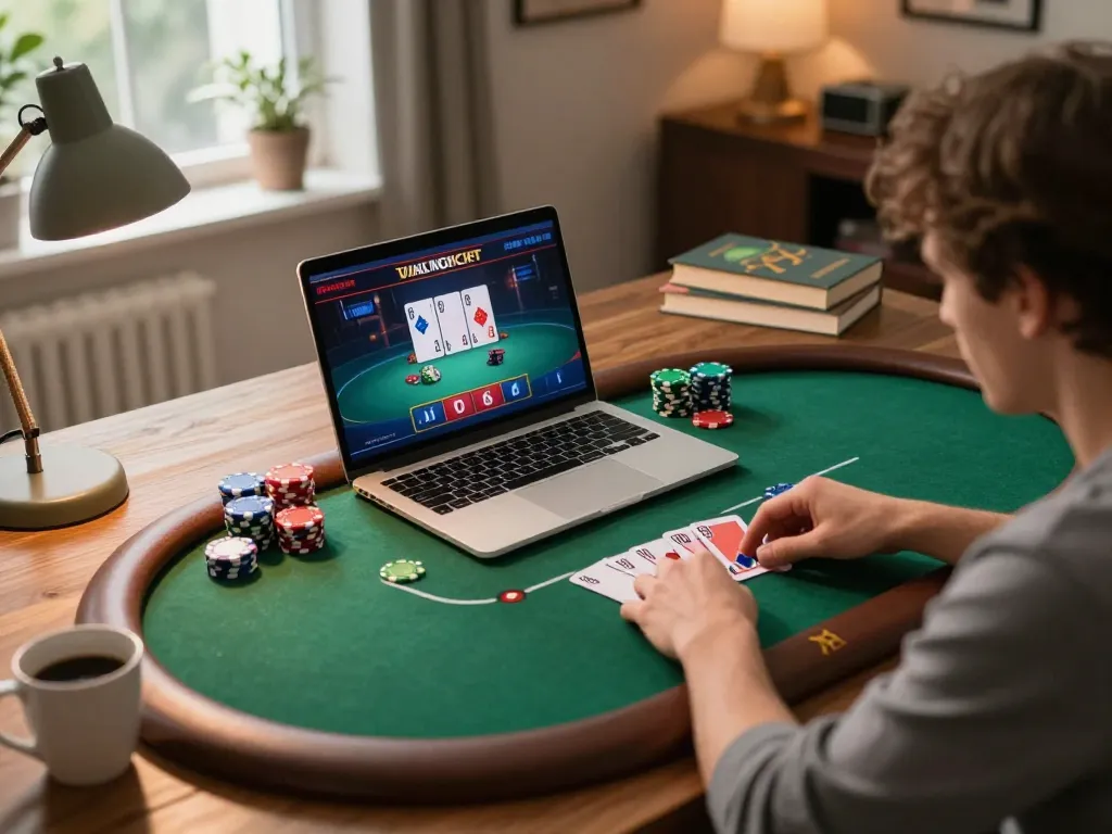 Player engaged in online poker game at home with ATQ platform, showcasing cards and chips on screen.