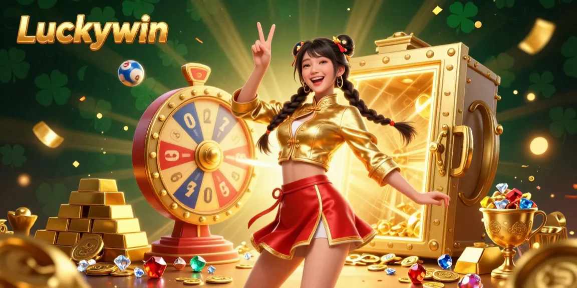 Engage in thrilling Luckywin casino experiences as colorful lottery balls whirl around a smiling woman amidst sparkling treasures.