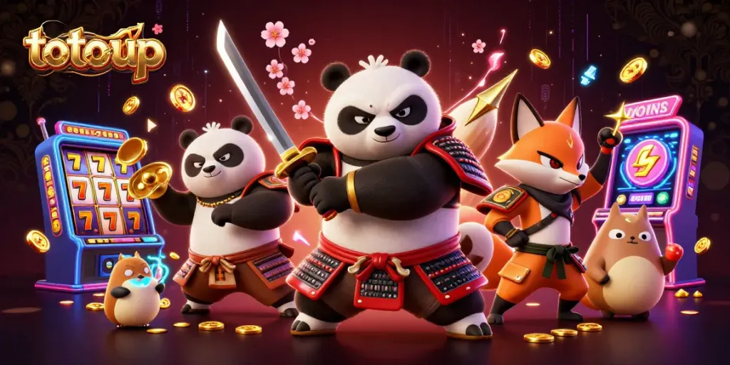 Engage in thrilling action with totoup, featuring a samurai panda and ninja fox amidst dynamic casino elements.