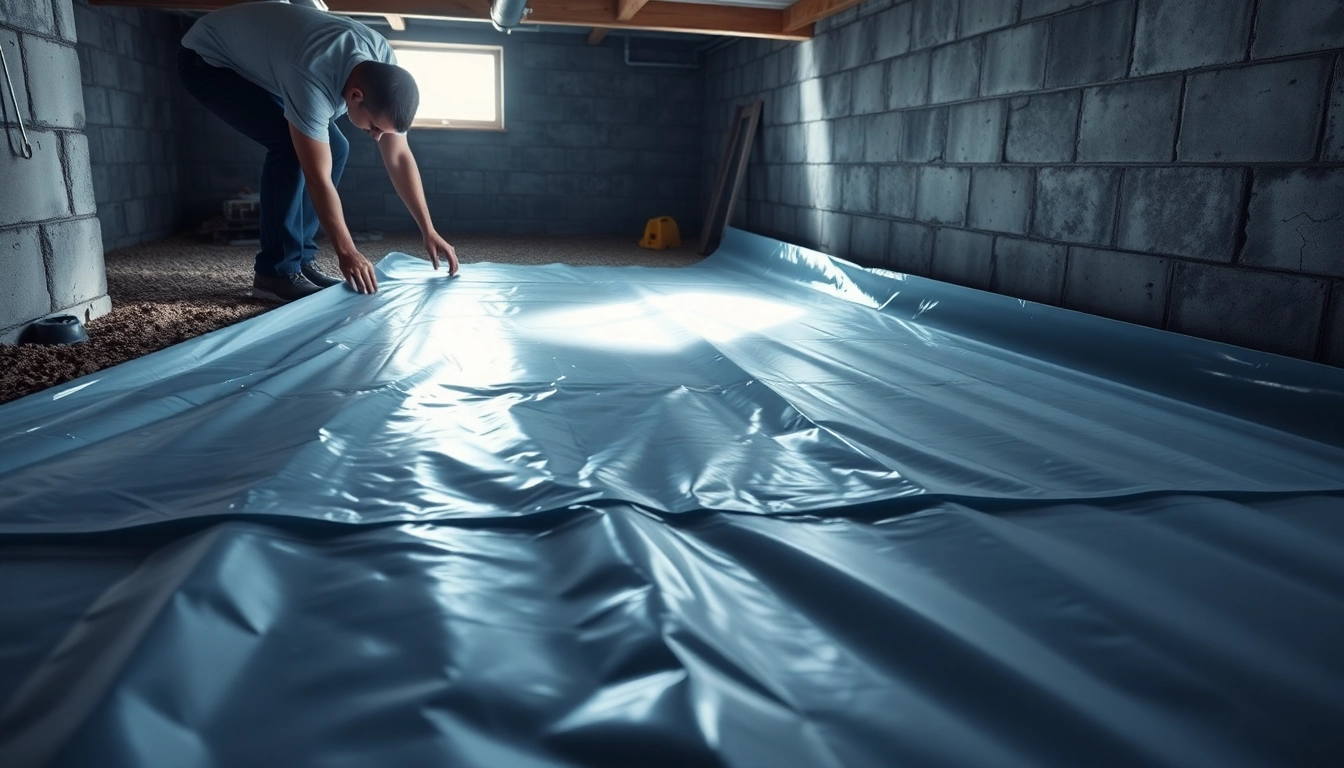 Vapor Barrier Installation in progress by a skilled technician in a residential crawl space.