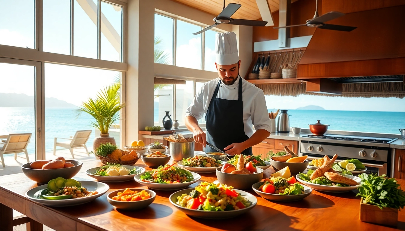 Gourmet meal prepared by St Martin Private Chef in a luxurious villa kitchen with scenic beach view.