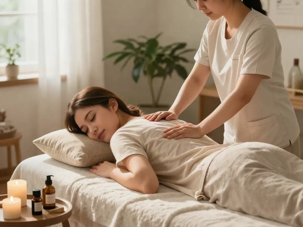 Relaxing 건대출장마사지 session in a serene home environment with candles and essential oils.