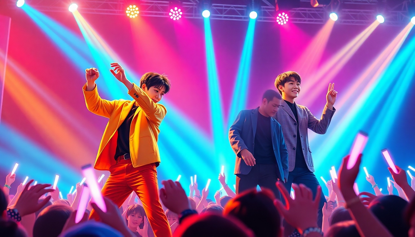 BTS news features Jungkook performing live on stage, highlighted by vibrant stage lights and a lively crowd.