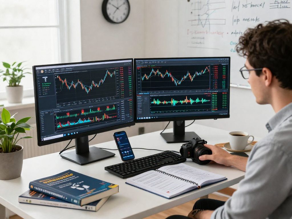 Trader actively using metatrader 5 on multiple screens in a modern workstation filled with trading tools and market analysis.