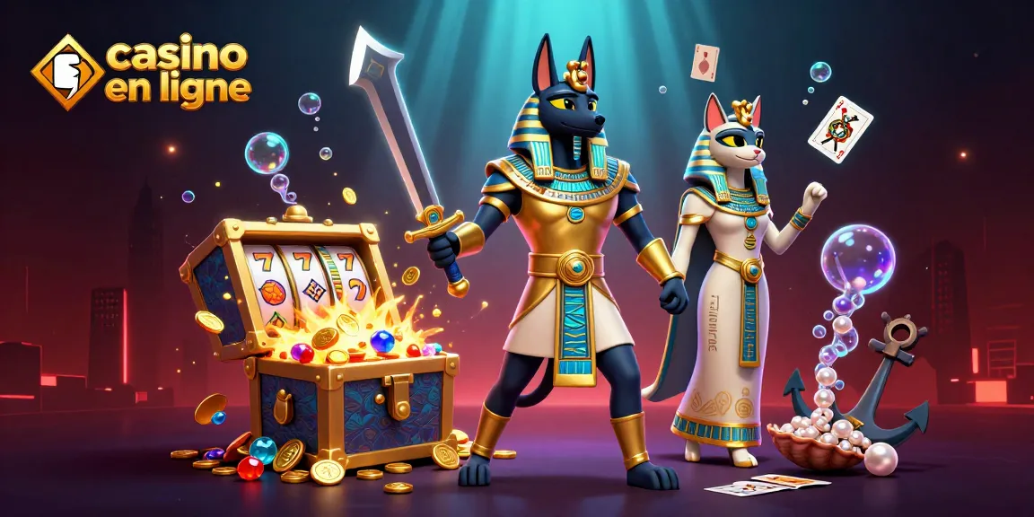 Le casino en ligne avec Anubis et Bastet entourés de trésors et de machines à sous dynamiques.