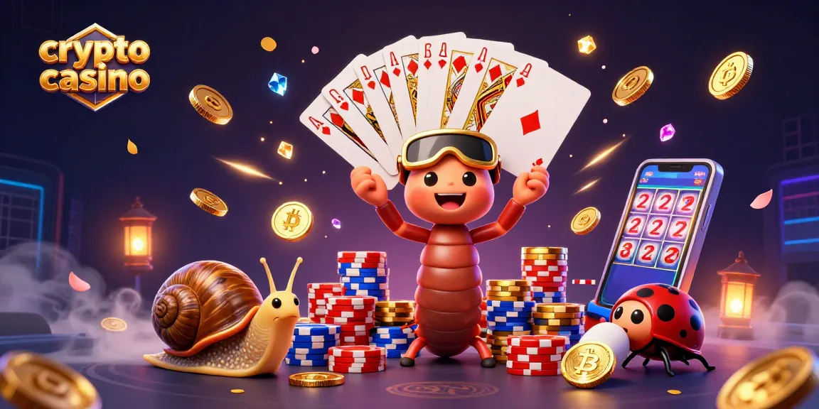 Jeux au crypto casino avec des personnages animés, des jetons et des cartes à jouer.