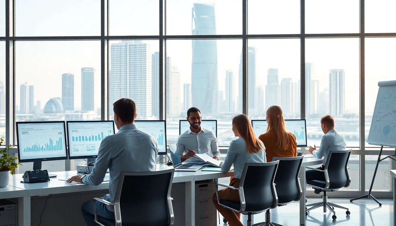 Accounting Services in Dubai portrayed in a modern office environment with professionals collaborating over financial data.