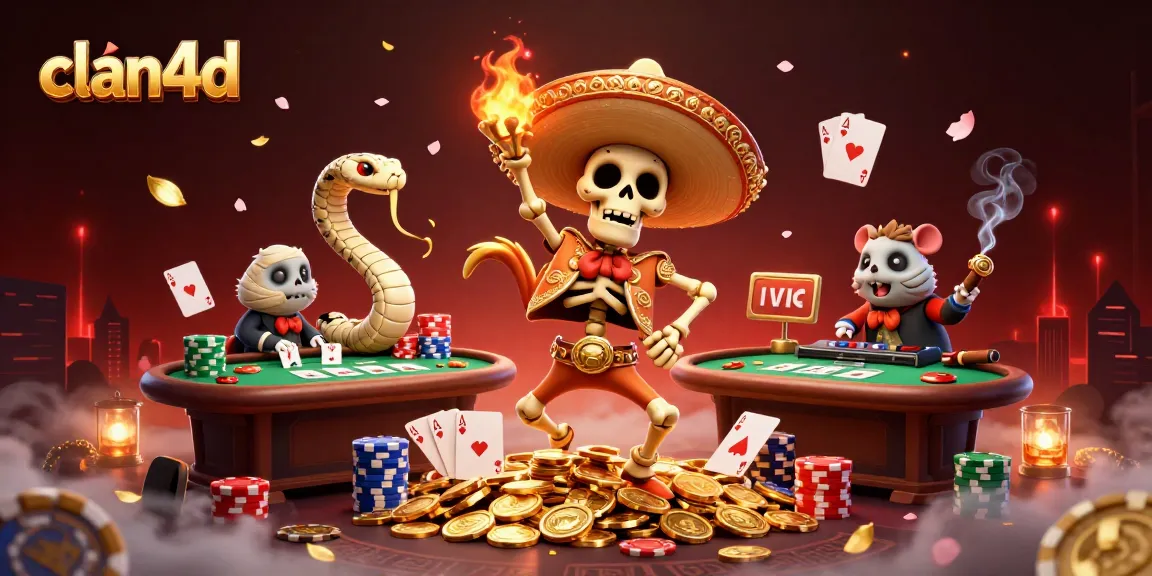 Engage in the casino excitement with clan4d as a skeleton musician celebrates among poker elements.