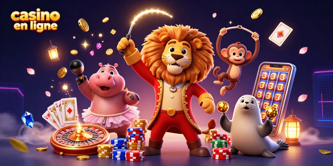 Illustration dynamique de casino en ligne avec un lion, un hippopotame et un singe entourés de pièces d'or.