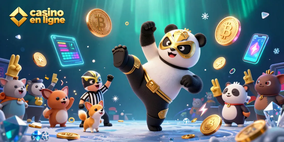 Casino en ligne : panda lutteur effectue un coup de pied, entouré de spectateurs animés.
