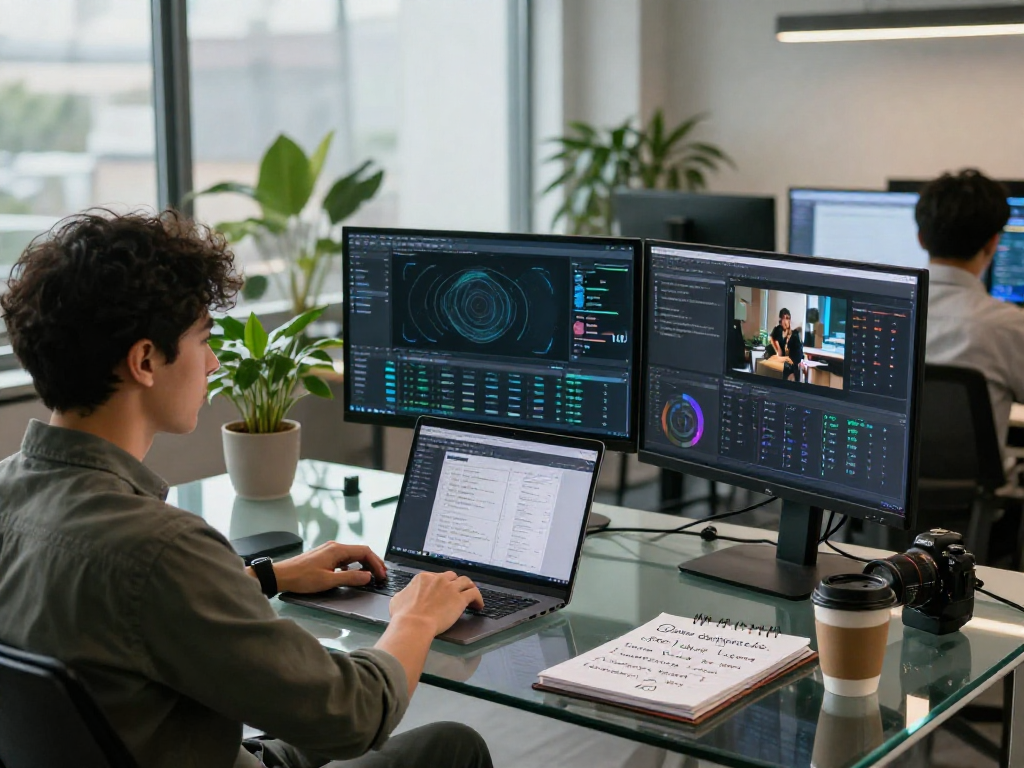 AI detector in action at a modern tech workspace analyzing images for content moderation.