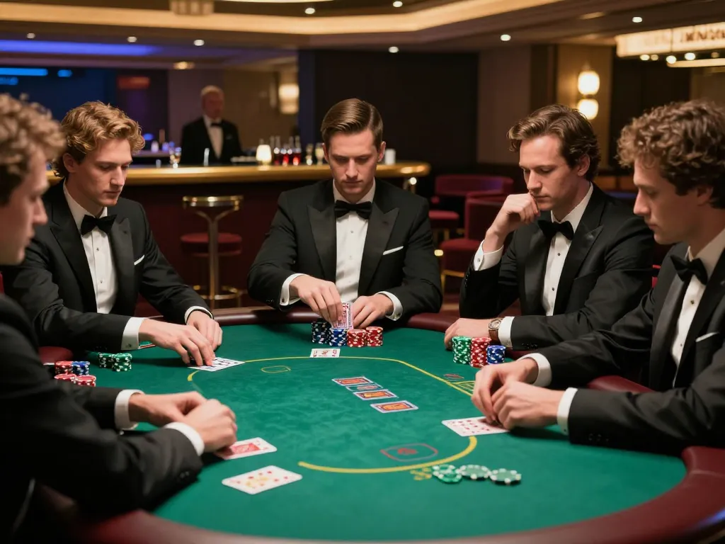 MAY88 poker game with players strategizing at a vibrant green felt table in an upscale casino.