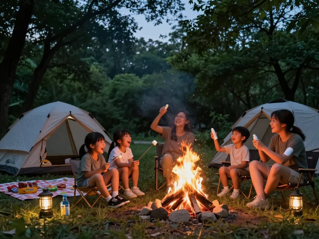 Family enjoying a camping night with mosquito repellent spray, campfire, and snacks.