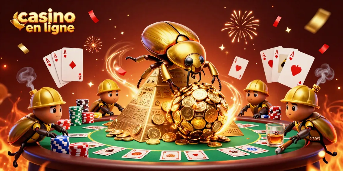 Le jeu en ligne casino en ligne prend vie avec des scarabées dorés poussant des pièces sous un ciel festive!