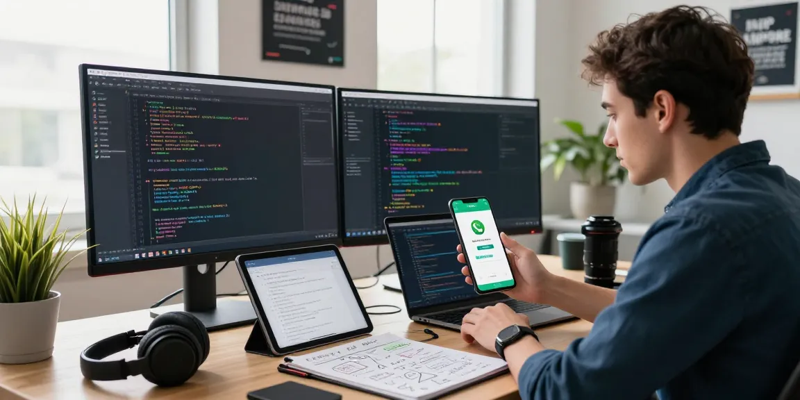 Developer coding WhatsApp下載 app in a modern tech workspace, showcasing monitors with UI designs and documentation.