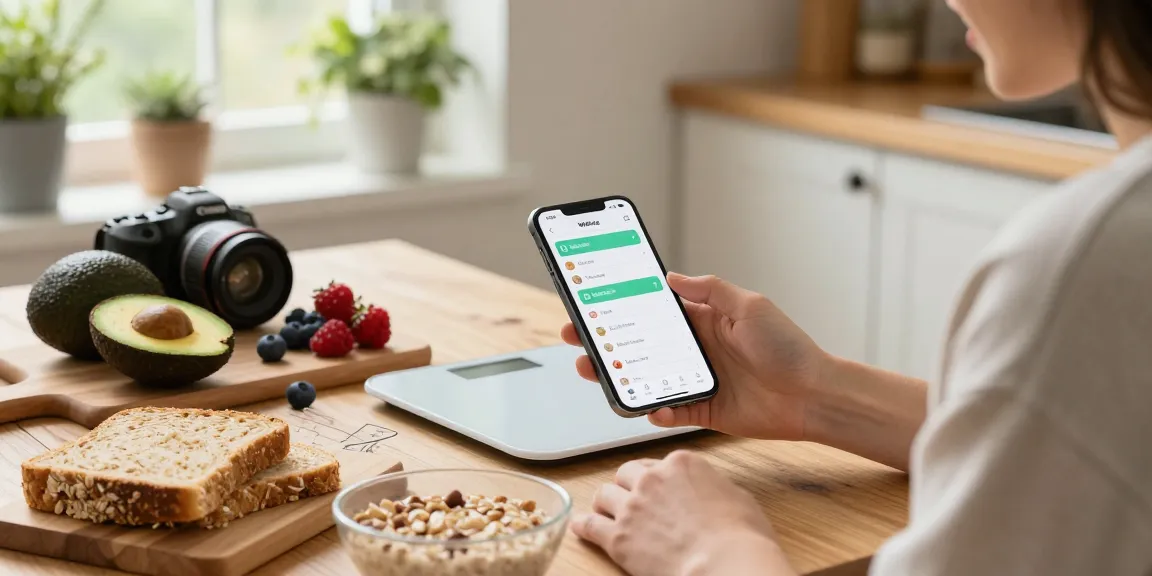 Logging breakfast with the best calorie tracker in a cozy kitchen.