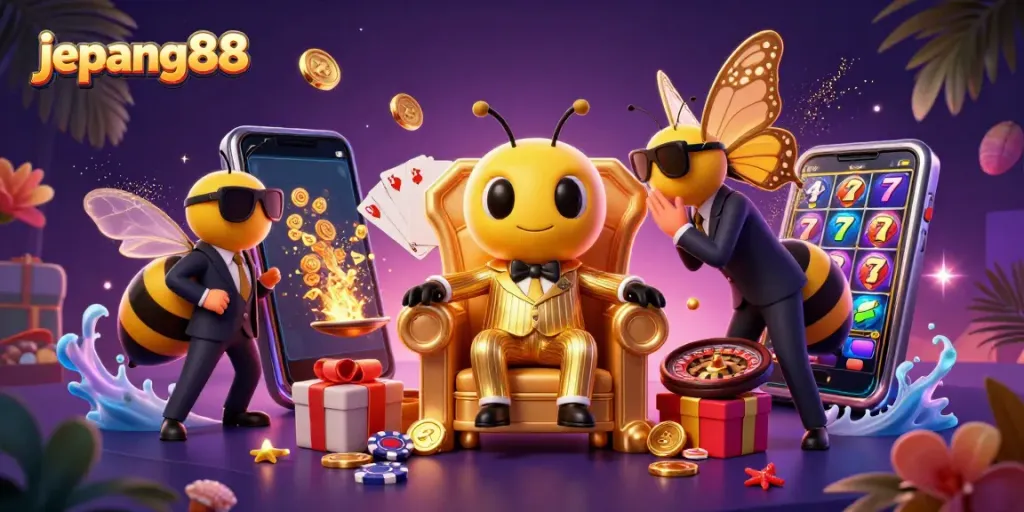 Experience the excitement of jepang88 with a dynamic casino-themed illustration featuring a bumblebee mob boss.