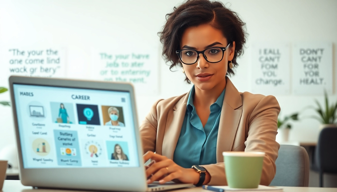 Find my true calling as a professional woman contemplates career options in a bright office.