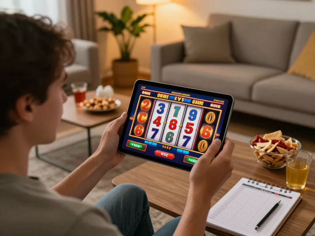 Excited player engaging with slot game interface on a tablet in a cozy home setting.
